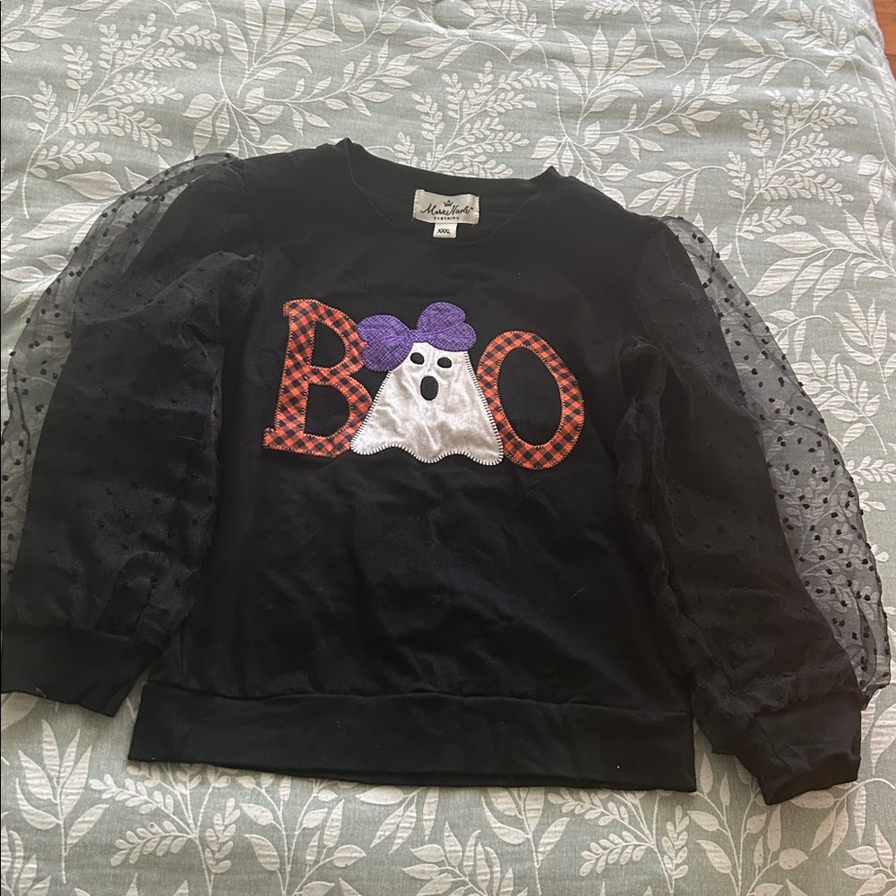 Black Halloween Boo Sweatshirt with Sheer Sleeves